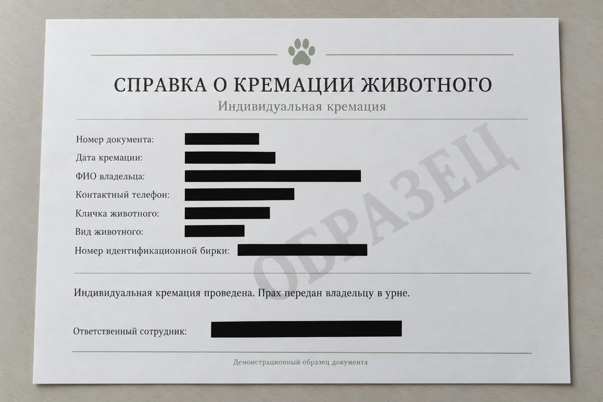 Образец справки об индивидуальной кремации животного: номер документа, дата кремации, ФИО владельца, кличка и вид животного, номер идентификационной бирки, отметка о передаче праха в урне, ответственный сотрудник