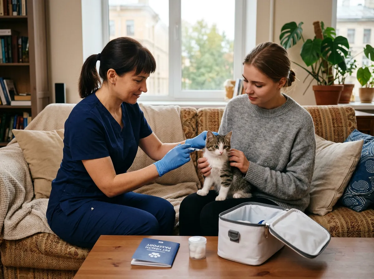 Ветеринар прививает котёнка дома на коленях у хозяина