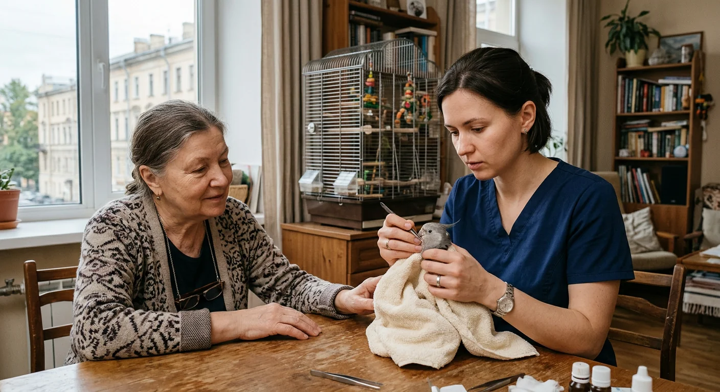 Ветеринарный врач осматривает попугая дома